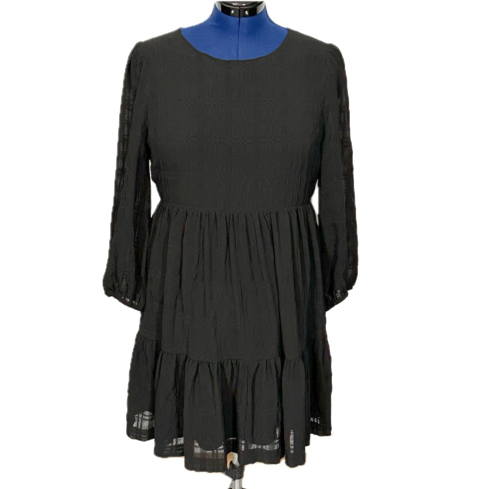 Madewell Dress Puff-Sleeve Ruffle-Hem Mini Dress Size 10 Black MC329 Long Sleeve